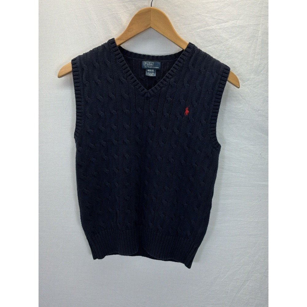 Vtg Polo Ralph Lauren Sweater Vest Blue VNeck Cable Knit Red Pony Youth M(10-12)